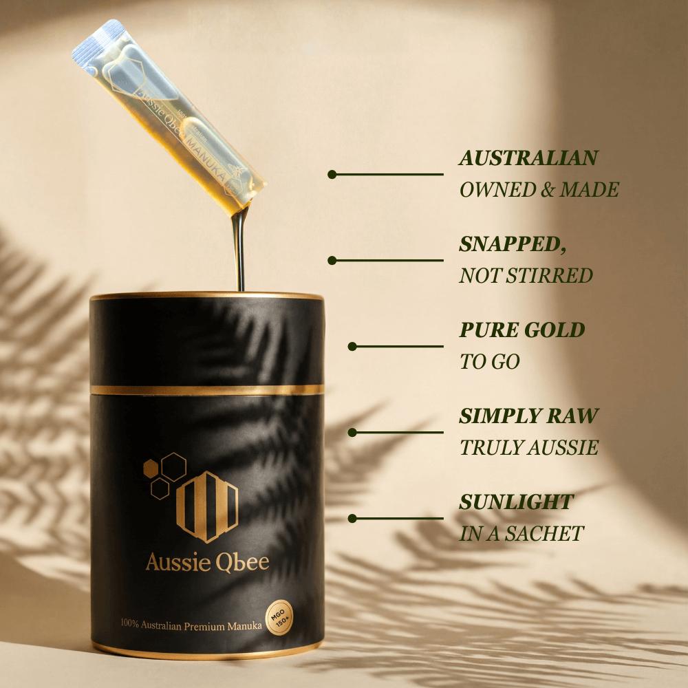 MGO 150+ Manuka honey gift package with Aussie Qbee premium manuka honey stick and gold packaging.