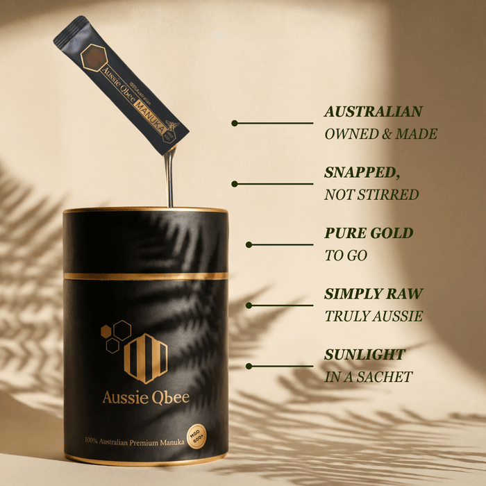 Aussie Qbee Manuka Honey MGO600+ in elegant packaging with a sachet, showcasing Australian premium quality.