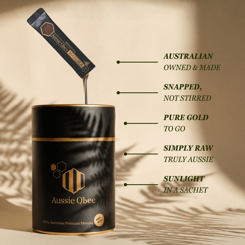 MGO 600+ Premium Manuka honey 360g, highlighting Australian-owned, pure and raw qualities.
