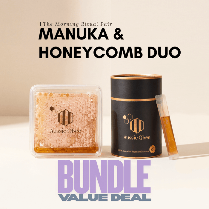 The Morning Ritual Pair | Manuka & Honeycomb Duo featuring premium Manuka honey and honeycomb in elegant packaging.
