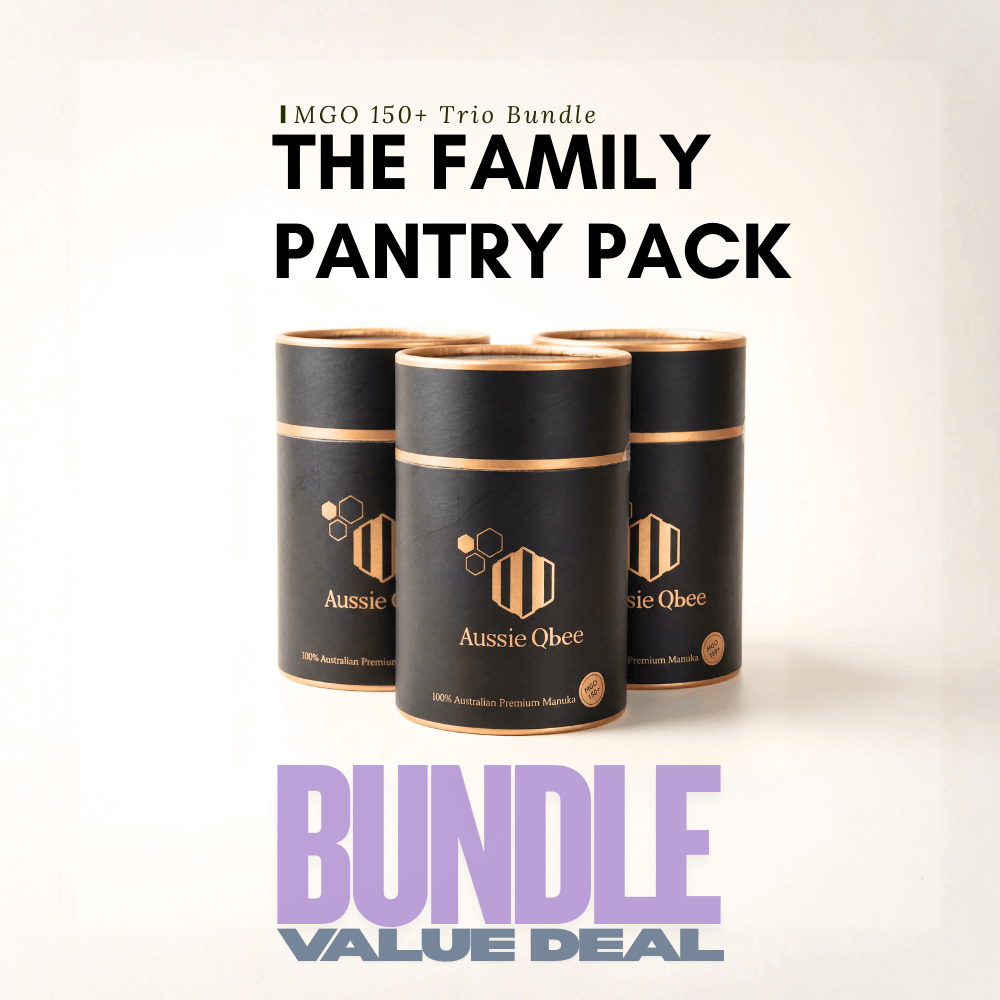 The Family Pantry Pack | MGO 150+ Trio Bundle featuring three premium jars of Aussie Qbee.