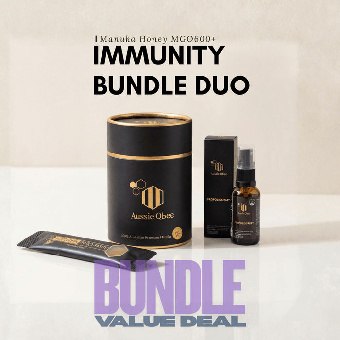 MGO 600+ Immunity Bundle Duo with Aussie Qbee products on a light background