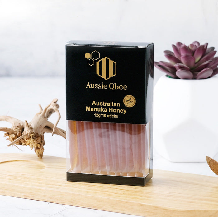 Manuka Honey MGO 150+ in convenient sticks from Aussie Qbee, perfect for daily wellness.